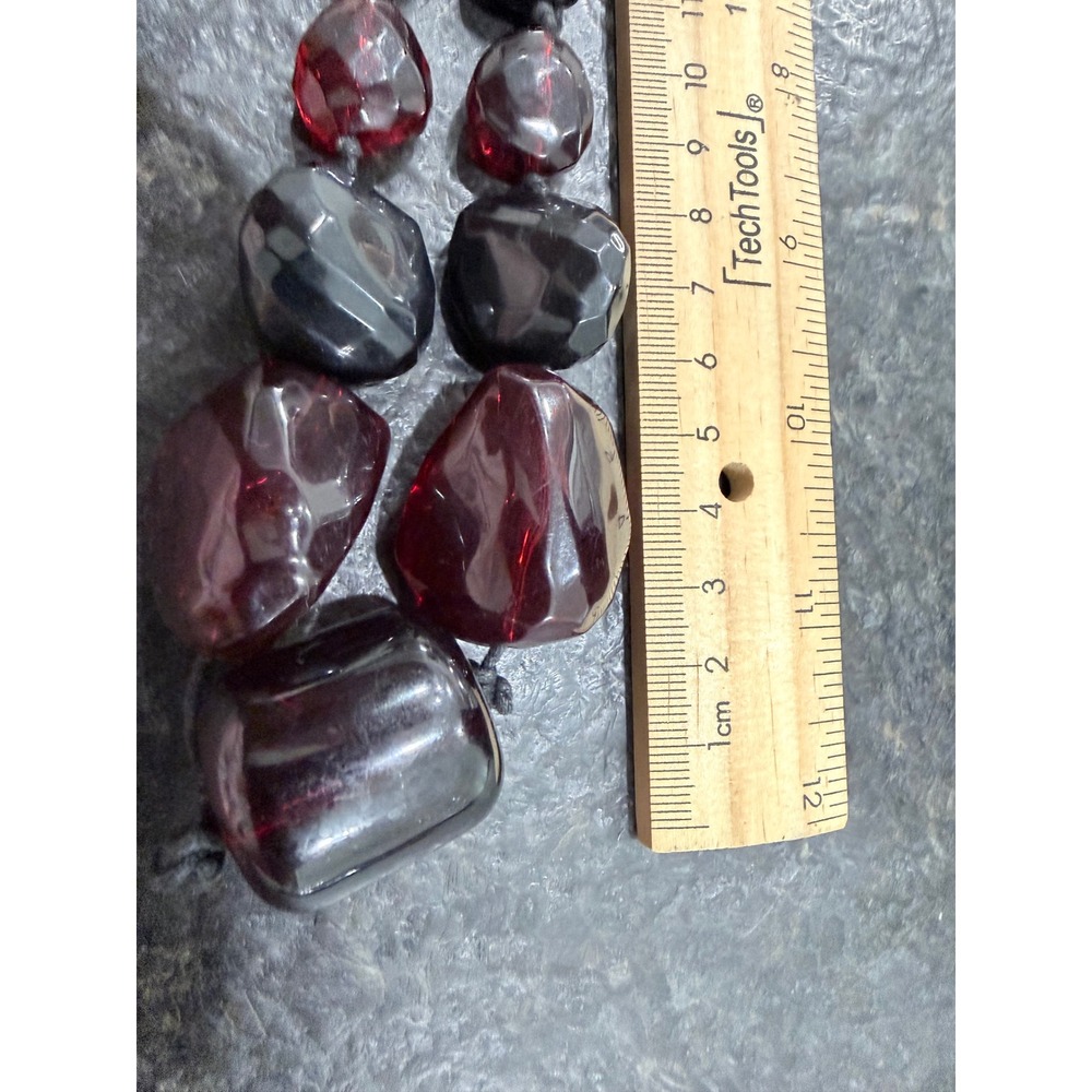 Vintage Chunky Ruby Red Glass Hematite Bead Statement Necklace Hand Knotted Boho - Picture 4 of 7